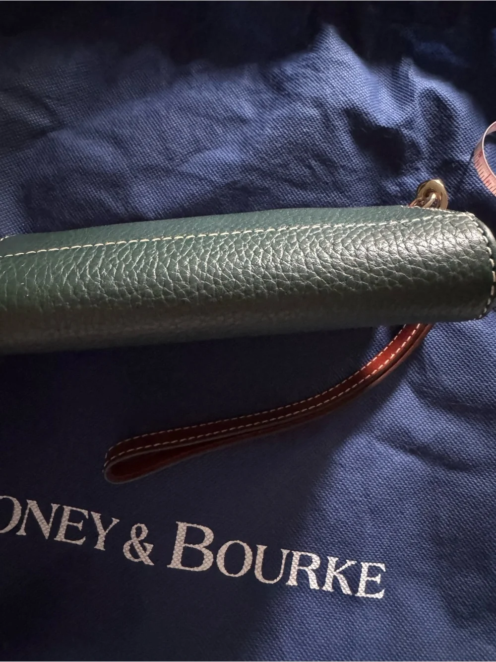 Dooney & Bourke Forest Green Pebbled Leather Wristlet with Tan Trim
